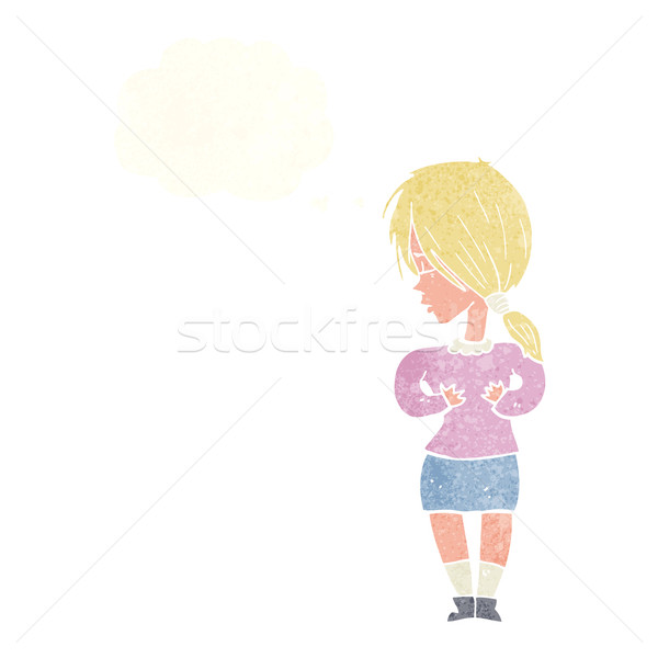 Desenho animado tímido mulher balão de pensamento mão projeto Foto stock © lineartestpilot