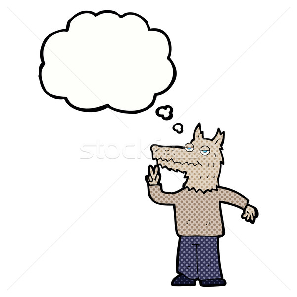 Cartoon heureux loup homme bulle de pensée main [[stock_photo]] © lineartestpilot