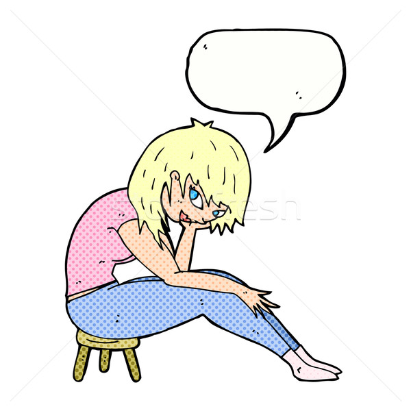 Rajz nő ül kicsi zsámoly szövegbuborék Stock fotó © lineartestpilot