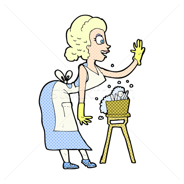 Comic Karikatur Hausfrau Waschen up Retro Stock foto © lineartestpilot