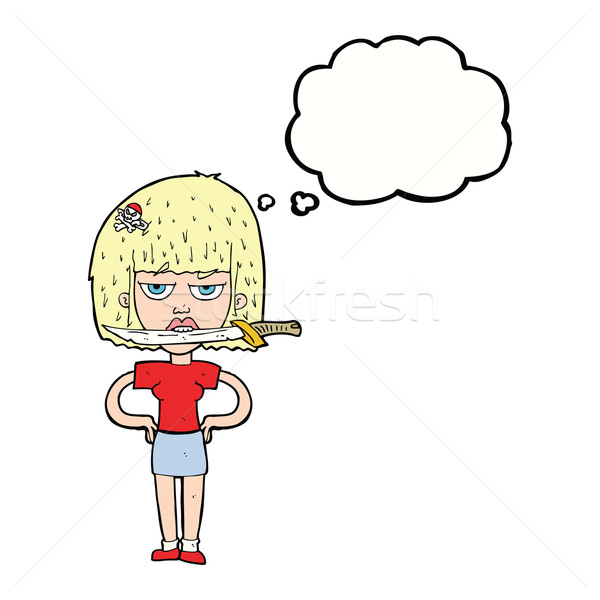 cartoon woman with knife between teeth with thought bubble Stock photo © lineartestpilot