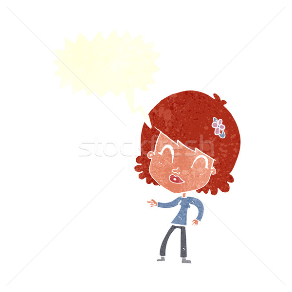 Stock photo: cartoon happy woman pointing with speech bubble