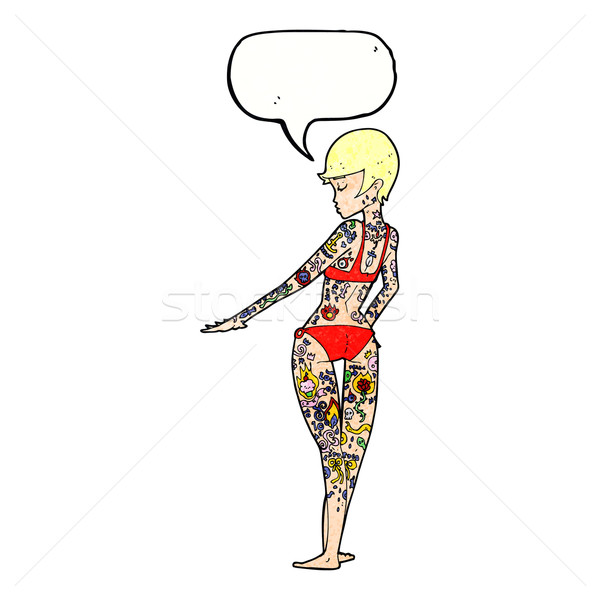 Karikatur bikini Mädchen bedeckt Tätowierungen Sprechblase Stock foto © lineartestpilot