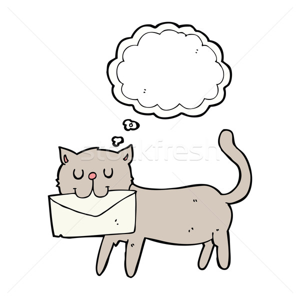 Foto stock: Cartoon · gato · carta · burbuja · de · pensamiento · mano