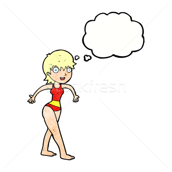 Stock foto: Karikatur · glücklich · Frau · Badeanzug · Gedankenblase · Hand