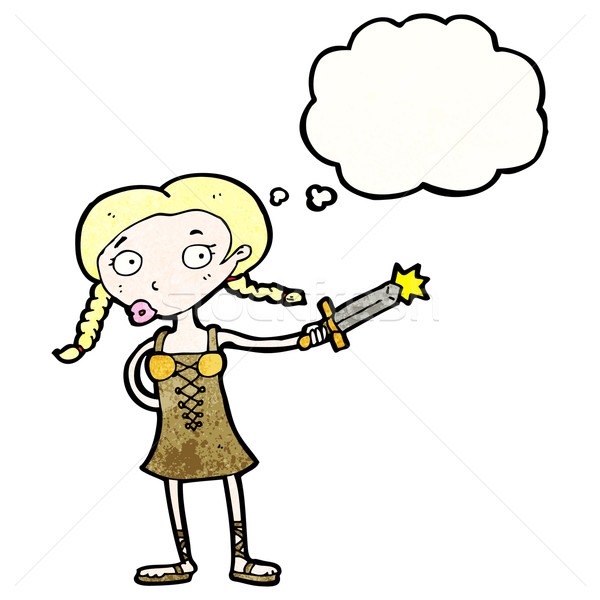 Cartoon wiking dziewczyna bubble myśl retro miecz Zdjęcia stock © lineartestpilot