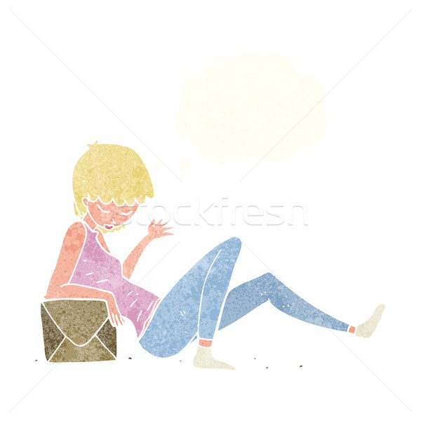 cartoon woman leaning on package box with thought bubble Stock photo © lineartestpilot