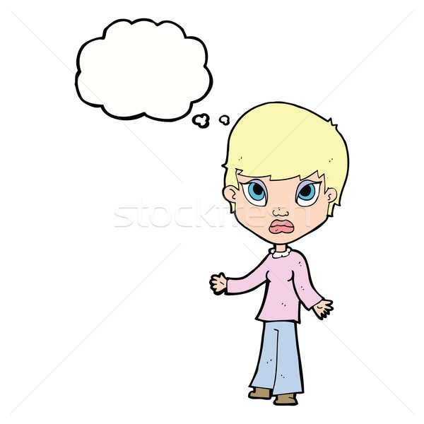 Stock photo: cartoon woman shrugging shoulders with thought bubble