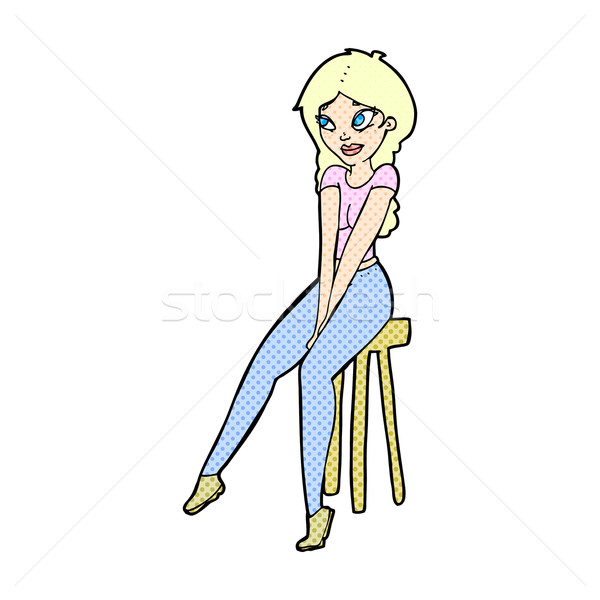 Stock photo: comic cartoon pretty girl on stool