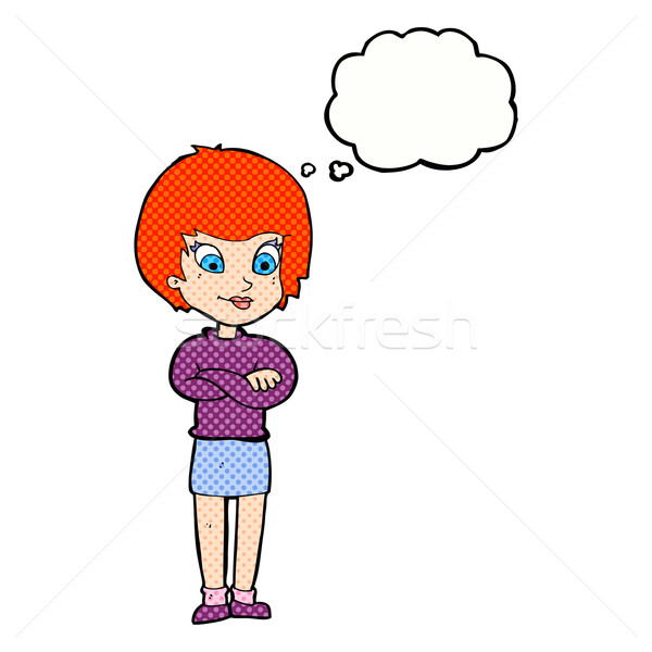 Desenho animado orgulhoso mulher balão de pensamento mão feliz Foto stock © lineartestpilot