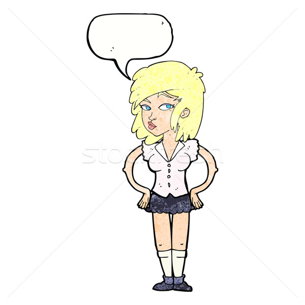 Cartoon jolie femme mains hanches bulle de pensée femme [[stock_photo]] © lineartestpilot