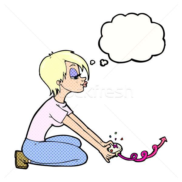 Karikatür kız oynama bilgisayar oyunları düşünce balonu Stok fotoğraf © lineartestpilot