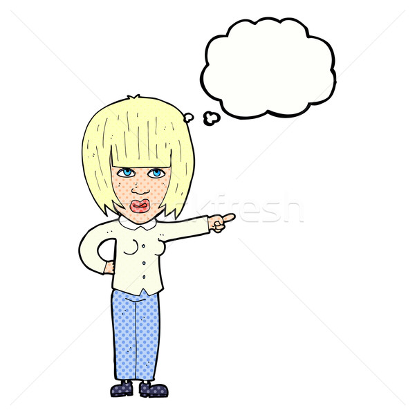 Cartoon wijzend geërgerd vrouw gedachte bel hand Stockfoto © lineartestpilot
