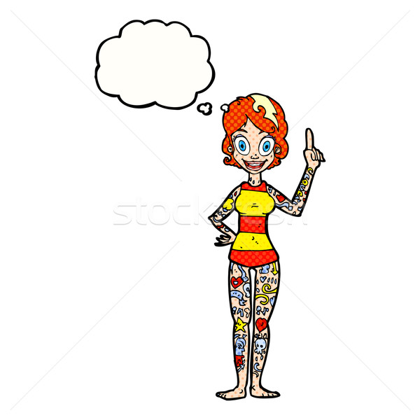 Karikatur Frau bedeckt Tätowierungen Gedankenblase Hand Stock foto © lineartestpilot