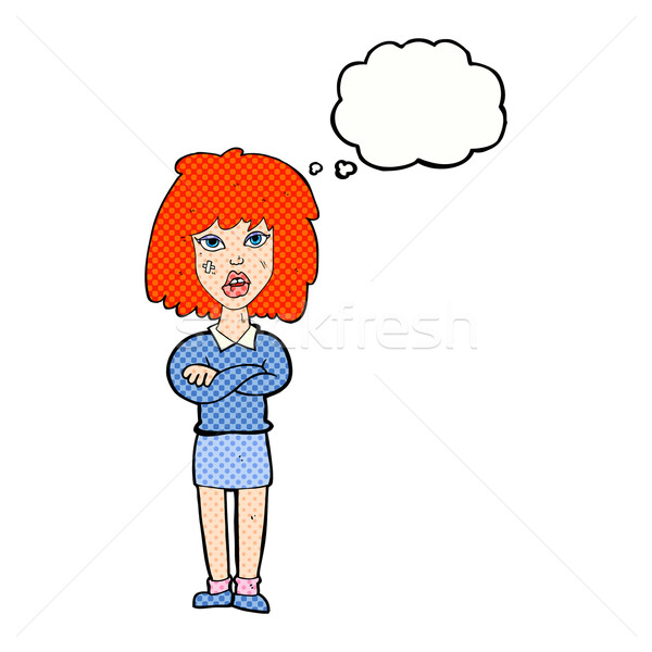 Cartoon twardy kobieta fałdowy broni bubble myśl Zdjęcia stock © lineartestpilot