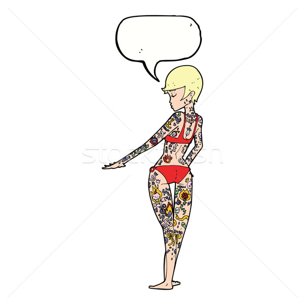 Desen animat bikini fată acoperit tatuaje bule de vorbire Imagine de stoc © lineartestpilot