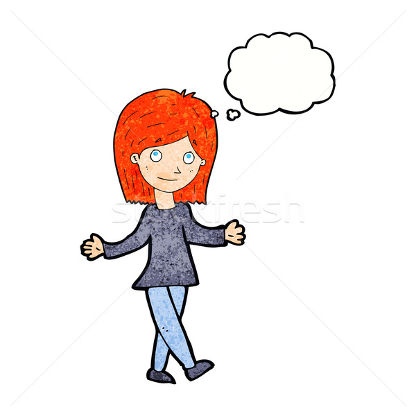 Cartoon femme bulle de pensée main heureux Photo stock © lineartestpilot