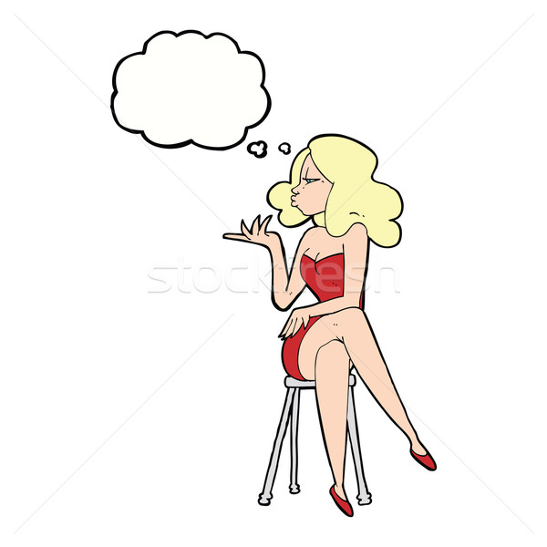 Stock photo: cartoon woman sitting on bar stool with thought bubble