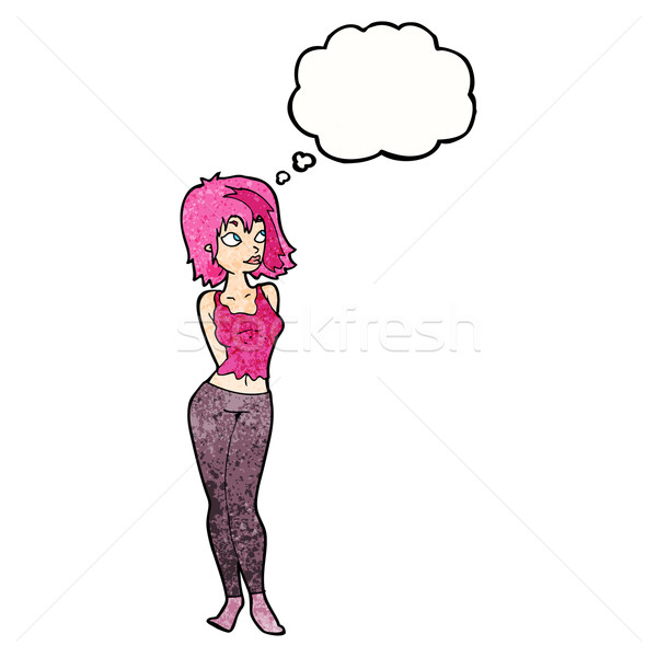 Cartoon aantrekkelijk meisje gedachte bel vrouw hand ontwerp Stockfoto © lineartestpilot