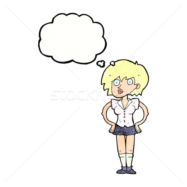 Cartoon étonné femme mains hanches bulle de pensée [[stock_photo]] © lineartestpilot