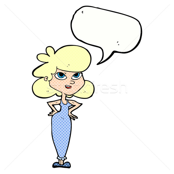 Stock photo: cartoon girl with hands on hips with speech bubble