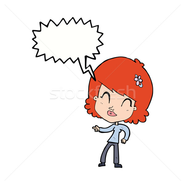 cartoon happy woman pointing with speech bubble Stock photo © lineartestpilot