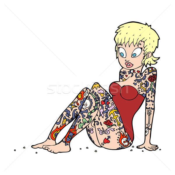 [[stock_photo]]: Cartoon · tatouage · fille · maillot · de · bain · femme · main