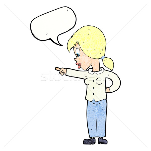Desen animat entuziast femeie îndreptat bule de vorbire mână Imagine de stoc © lineartestpilot