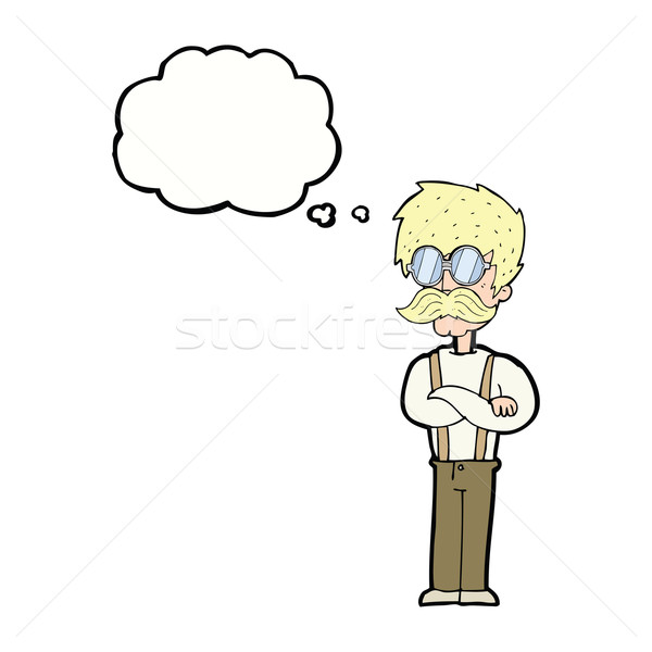 cartoon hipster man with mustache and spectacles with thought bu Stock photo © lineartestpilot