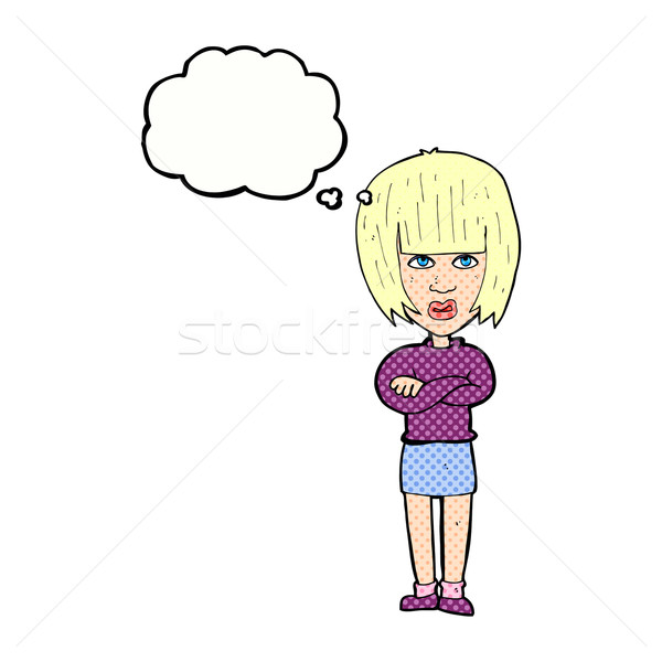 Desenho animado irritado mulher balão de pensamento mão projeto Foto stock © lineartestpilot