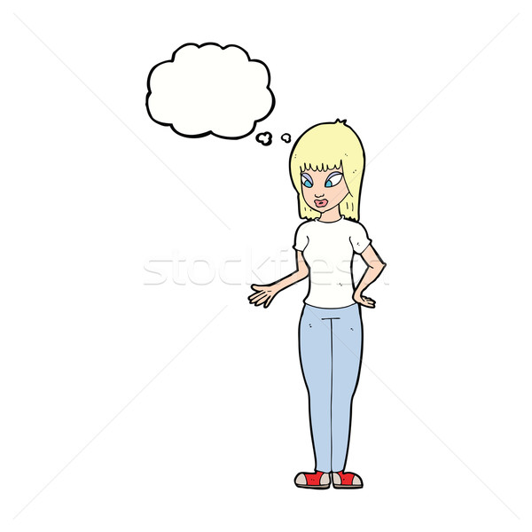 Cartoon vrouw uitleggen gedachte bel hand ontwerp Stockfoto © lineartestpilot