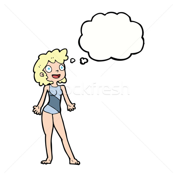 Cartoon femme maillot de bain bulle de pensée main heureux Photo stock © lineartestpilot