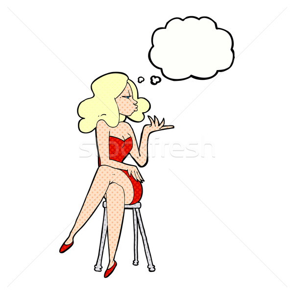 Cartoon vrouw vergadering bar kruk gedachte bel Stockfoto © lineartestpilot