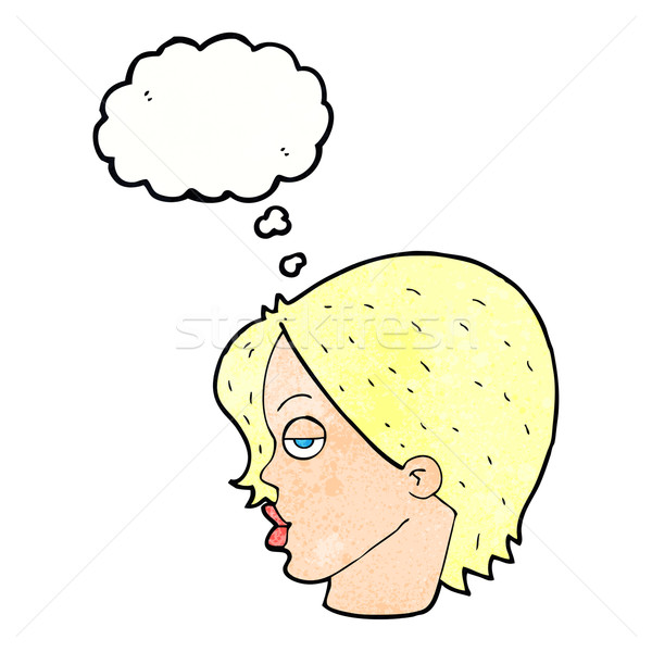 Cartoon femme sourcil bulle de pensée main visage Photo stock © lineartestpilot