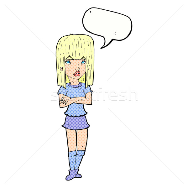Stock photo: cartoon girl with crossed arms with speech bubble