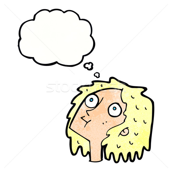Cartoon staren vrouw gedachte bel hand gezicht Stockfoto © lineartestpilot