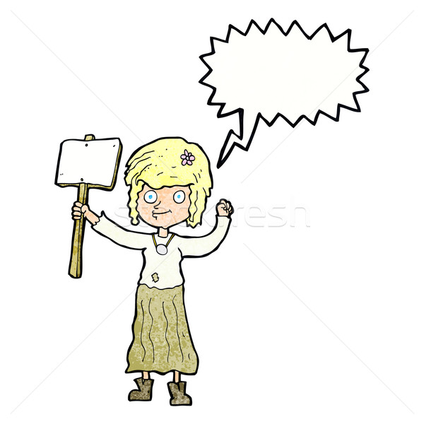 cartoon hippie girl with protest sign with speech bubble Stock photo © lineartestpilot