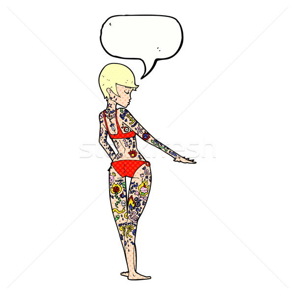 Desen animat bikini fată acoperit tatuaje bule de vorbire Imagine de stoc © lineartestpilot