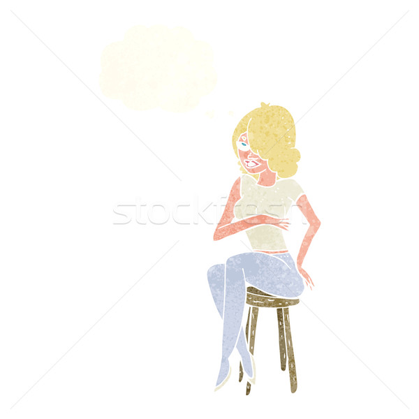 Foto stock: Desenho · animado · mulher · sessão · bar · banquinho · balão · de · pensamento