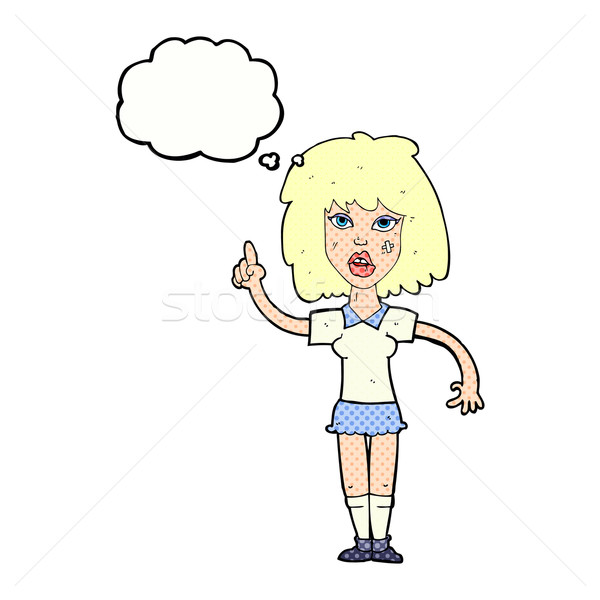 [[stock_photo]]: Cartoon · résistant · femme · idée · bulle · de · pensée · main