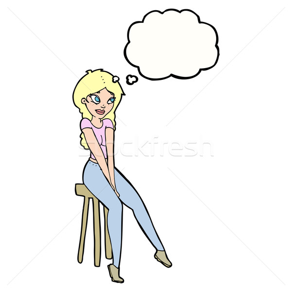 Cartoon довольно девушки стул мысли пузырь стороны Сток-фото © lineartestpilot