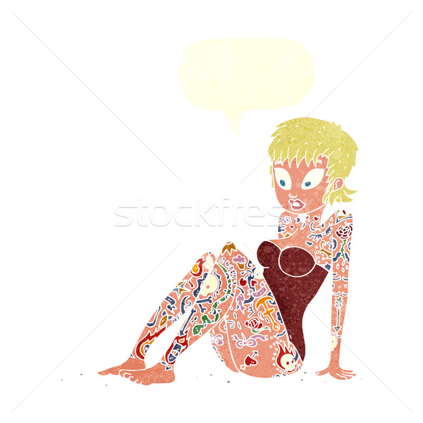 Cartoon татуировка девушки купальник речи пузырь женщину Сток-фото © lineartestpilot