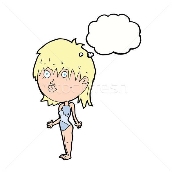 cartoon woman in swimsuit shrugging shoulders with speech bubble Stock photo © lineartestpilot
