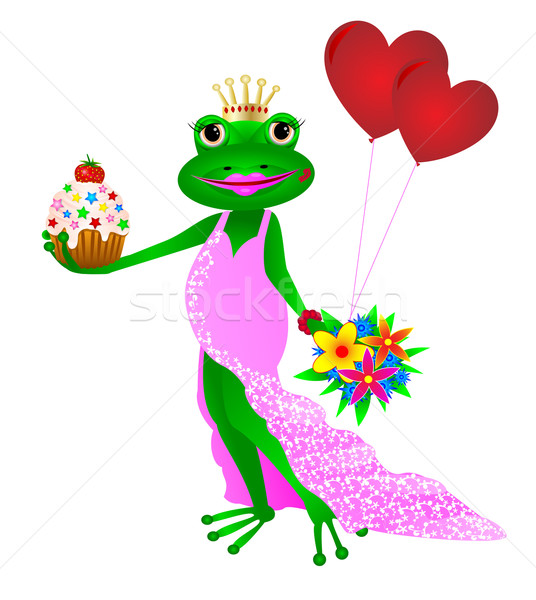 Stockfoto: Gelukkige · verjaardag · kikker · roze · jurk · bloemen · ballonnen