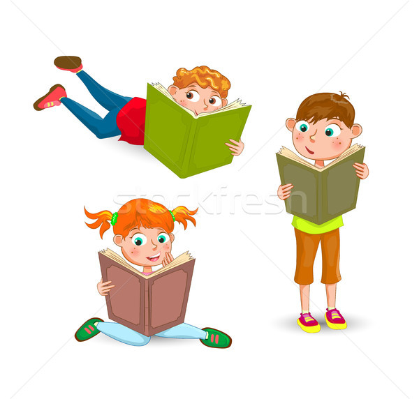 Stock fotó: Kicsi · gyerekek · olvas · könyvek · fehér · iskola