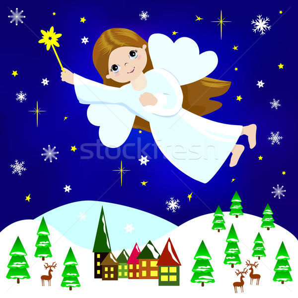 Christmas engel meisje vliegen nachtelijke hemel stad Stockfoto © liolle