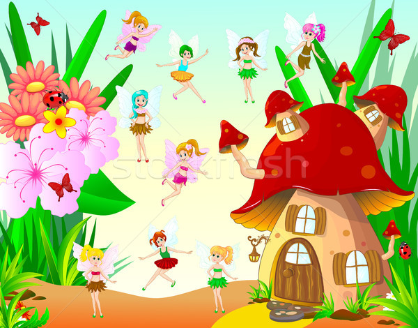 Stock photo: Fairies fly around the mushroom house