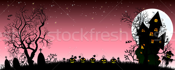 Foto stock: Noite · halloween · bandeira · abóboras · castelo · silhuetas