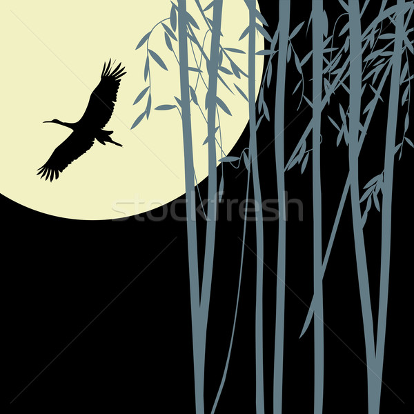 Bambus unter Storch Silhouette Blatt Mond Stock foto © lirch