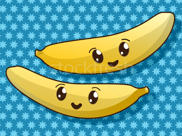 Imagine de stoc: Kawaii · banană · icoane · stil · desen · alimente